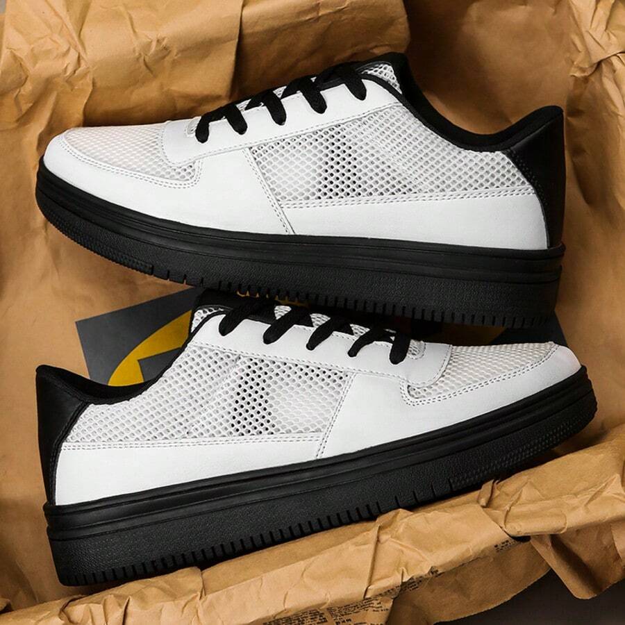 Plus Size Men's Casual Solid Color Sneakers, Outdoor Skateboard Shoes - Black and White - View 1