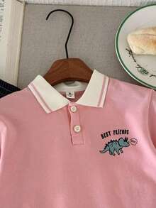 Kid's Polo Shirt, Summer 2025 New Arrivals, Boys & Girls Colorblock Lapel Short Sleeve Tee Tops - Pink - View 4