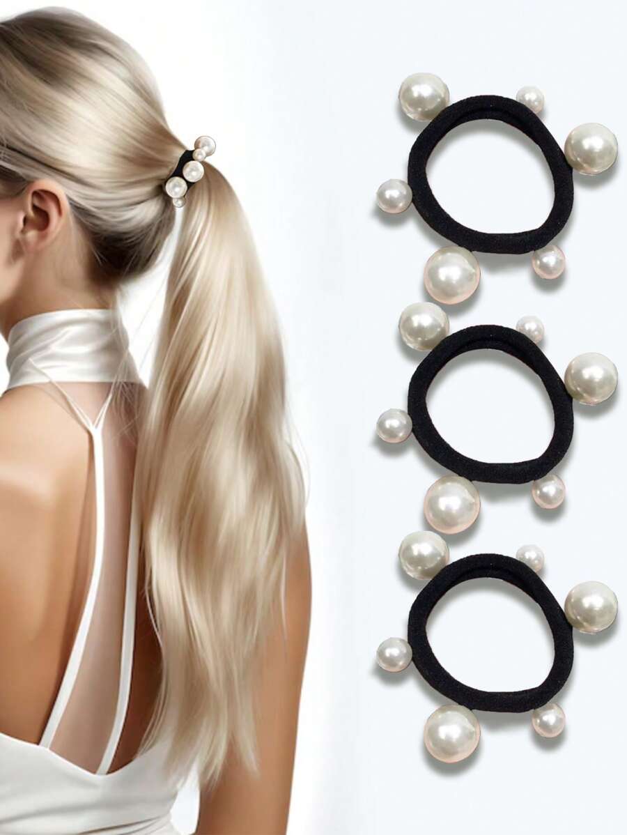 3Pcs/5Pcs/6Pcs Faux Pearl Decor Hair Tie, Hair Bobbles, Hair Band, Hair Accessories Scrunchies, Multifunctional Hair Styling Tools, Elegant Elastic Rubber Band, Elastic Hair Bands For Women, Suitable For Bun & Ponytail, Won't Damage Hair, Reusable, For Daily Wear, Casual, Party, Work, School, Dating, Travel, Gifts For Mom, Friends, Couples, Classmates