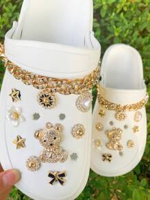 Set de 20 piezas Decoración con cadena de oso dorado de rhinestone completo para zapatos de jardín DIY, accesorios extraíbles para sandalias/pantuflas de estilo campus, adecuado para todas las temporadas y regalos festivos