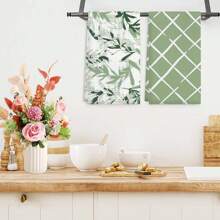 2/4pcs Green Floral Leaves Boho Style Kitchen Towel, 16x24 Inch, Seasonal Spring/Summer Decorative Hand Towel