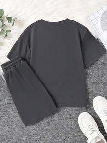 Tween Boy Letter Print Crew Neck Short Sleeve T-Shirt And Shorts Set - Dark Grey - View 2