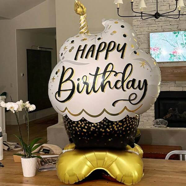 1pc Black & Gold Birthday Cake Shape Standing Foil Balloon, For Birthday, Party, Festival Celebration Indoor & Outdoor Decoration