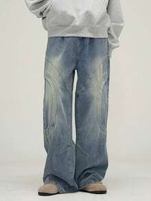 1pc Men's Casual Loose Fit Vintage Washed Patchwork Design Wide Leg Jeans Pants - Blue - View 2