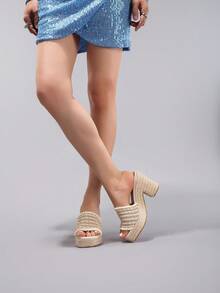 绳带坡跟厚底凉鞋，系带露趾，夏季度假休闲高跟白色日常时尚轻便舒适女鞋 - 白色 - 查看 10