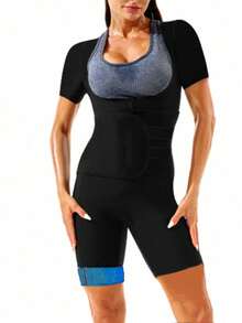 Traje de sauna con cremallera para mujer con control de abdomen, entrenador de cintura, parte superior de manga corta, corsé deportivo, body moldeador de talla grande, mono, mallas, conjunto de ropa deportiva para mujer
