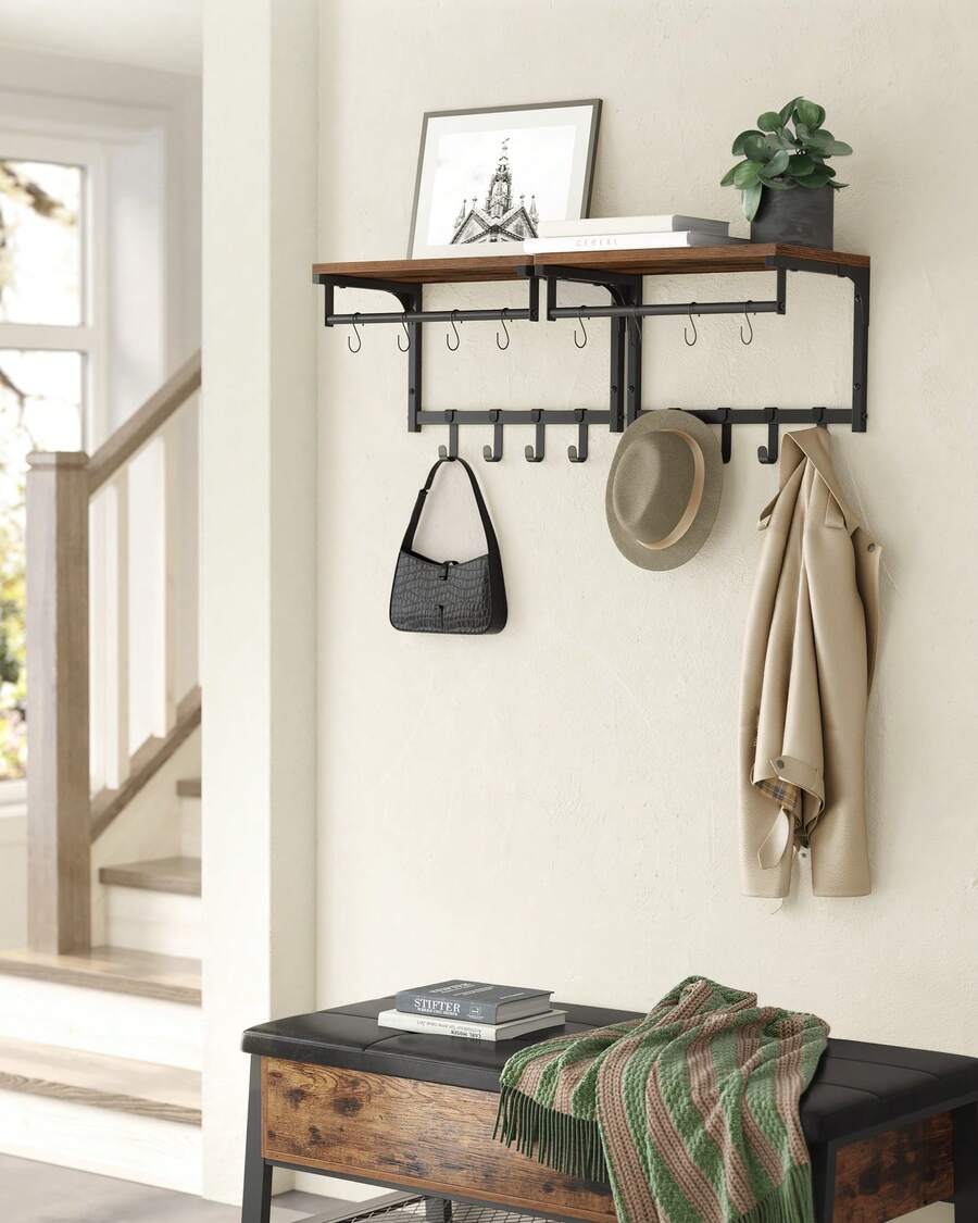 VASAGLE Wandgarderobe 2er Set, Garderobe mit Ablage, Kleiderhaken, Kleiderstange Wand, Wandregal, je 8 abnehmbare Haken, für Flur, Waschküche, Industrie-Design, vintagebraun-schwarz - Braun - Übersicht 1