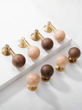 2 件中国复古胡桃木拉手配黄铜底座吊坠，衣柜橱柜抽屉家具复古圆球小拉手