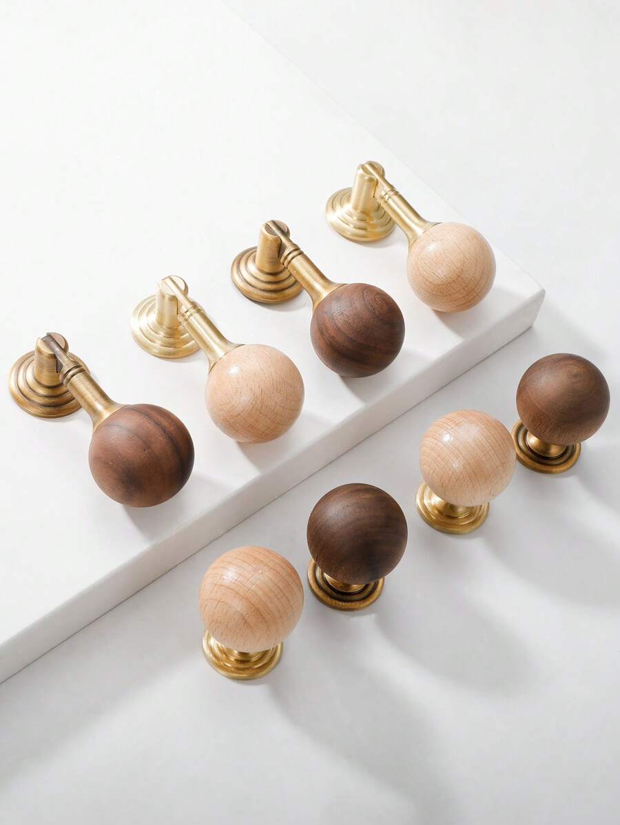 2 Peças Puxador de Madeira de Nogueira Chinesa Retrô com Base de Latão, Puxador Redondo Pequeno Vintage para Móveis de Armário e Gaveta