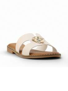 女士 皮革 金屬扣 平底 拖鞋