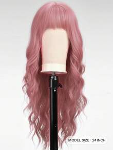 24 Inch Pink Long Natural Wave Curly Wig With Bangs Synthetic Wig Heat Resistant Fashionable For Daily Use Party - Pink - View 3