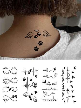 4 ark/set Minimalistiska svarta tillfälliga tatueringar - djur-EKG, tassavtryck, hjärta, fågel, infinity-mönster Unik kroppskonst, vattentät, lätt att applicera och ta bort