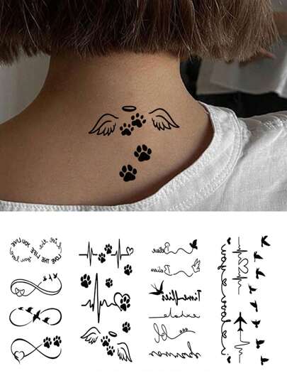 4 fogli/set Tatuaggi temporanei minimalisti neri - Modelli di ECG animale, impronta di zampa, cuore, uccello, infinito, arte del corpo unica, impermeabile, facile da applicare e rimuovere