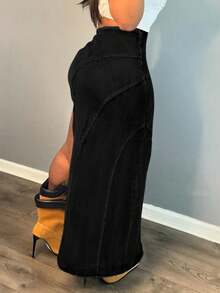 Women's Solid Color High Slit Tight Denim Skirt - Black - View 2