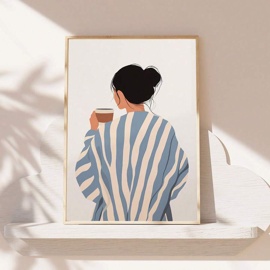 1PC, Canvas Hanging Picture, Framed, Easy To Hang, Wall Arts, Posters, Modern, Contemporary Stripe Wall Art, Abstract Feminine Decor, Morning Coffee Prints, Stripe Prints, Minimalist Portrait Posters, Eclectic Fine Art, Home Decor, Room Decor, Dining Room, Kitchen, Bathroom, Dormitory Decor - Multicolor - View 1