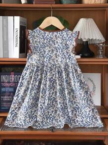 Young Girl Cute Floral Print Frill Cap Sleeve Mori Style Dress With Ruffle Hem, Summer