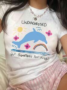 1 件女式可爱海豚图案修身 T 恤，女士纯色圆领短袖 T 恤，简约时尚，休闲日常穿着 - 白色 - 查看 3