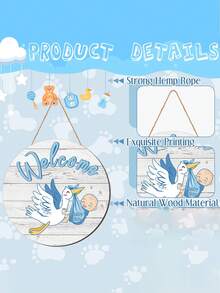 2pcs - Blue Wooden Welcome Baby - Hanging Door Sign, Baby Gate Sign Gender Reveal Welcome Sign Hanging Wreath Round Rustic Wooden Farmhouse Decor Holiday Front Door Decorations, Room Decor And Room Decoration For Baby Shower Porch Party Supplies, Wooden Hanging Ornaments Flat Hanging Wooden Hanging Home Decor Hanging Sign Door Sign. (Approx. 11.81in) - Blue - View 2