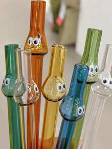 3Pcs Cute Cartoon Big-Eye Glass Straws With Brushes, Colorful Reusable Drinking Straws For Smoothies, Bubble Tea, Milkshakes, Party Supplies, Easy Clean