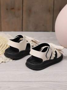 1 Paar Mädchen Perlen-Schleifen-Dekor PU-Leder offene Zehenspitze weiche Sohle lässige Modeschuhe Sandalen, geeignet für den Sommer