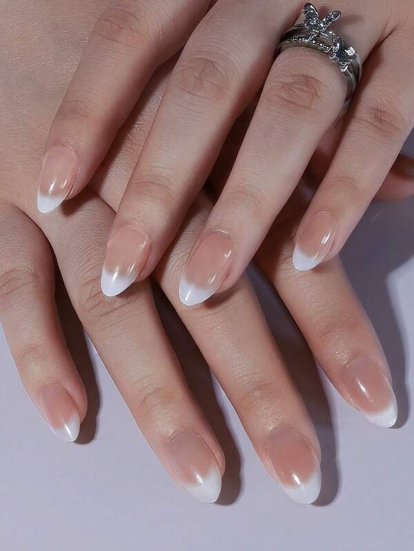 24pcs/Set Almond-Shaped French Style Gradient Nude & Milky White False Nails, Suitable For Daily Wear, Includes 1pc Nail File & 1pc Nail Glue Gel Press On Nails
