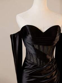 Elegantes, schickes Damen Off-Shoulder Meerjungfrau-Schnitt Enges Langes Kleid, Formelles Abendkleid für Bankette, Partys, Proms, Winter, abnehmbare Ärmel - Schwarz - Übersicht 6