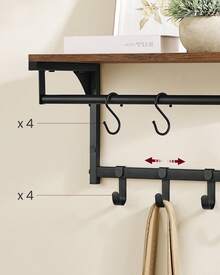 VASAGLE Wandgarderobe 2er Set, Garderobe mit Ablage, Kleiderhaken, Kleiderstange Wand, Wandregal, je 8 abnehmbare Haken, für Flur, Waschküche, Industrie-Design, vintagebraun-schwarz - Braun - Übersicht 5