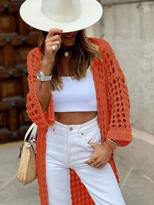 Áo khoác cardigan dài nữ màu trơn, kiểu dáng khoét lỗ, thích hợp cho kỳ nghỉ xuân. - trái cam - Xem 3