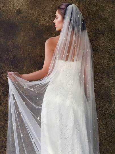 1 pieza Velo de novia estilo catedral con perlas, adecuado para bodas, fotografía, accesorios de fiesta, accesorios de oficina de registro con peine, ropa de otoño para mujeres