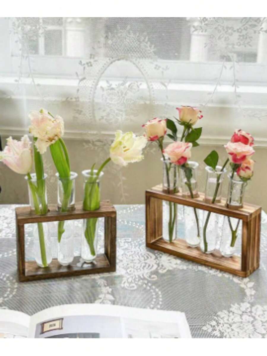 桌面玻璃植物繁殖站试管植物玻璃容器木质支架适用于水培植物切割办公室家居装饰 - 1pc - 查看 1