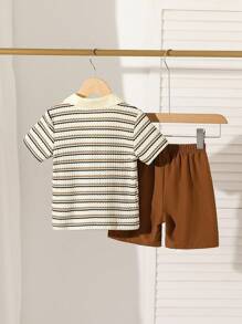 2pcs Boys Waffle Striped Polo Set 2025 - V-Neck Shirt & Shorts, Summer Outfit (Age 2-3,4-5,6-7Y)