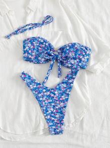 Conjunto de bikini de 2 piezas, estampado floral disperso y con espalda anudada, traje de baño para vacaciones en la playa