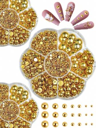 1盒装 Abs 金色珍珠指甲饰 Y2K 风格半圆形珍珠 3D 美甲配件 DIY 美甲用品指甲美甲宝石