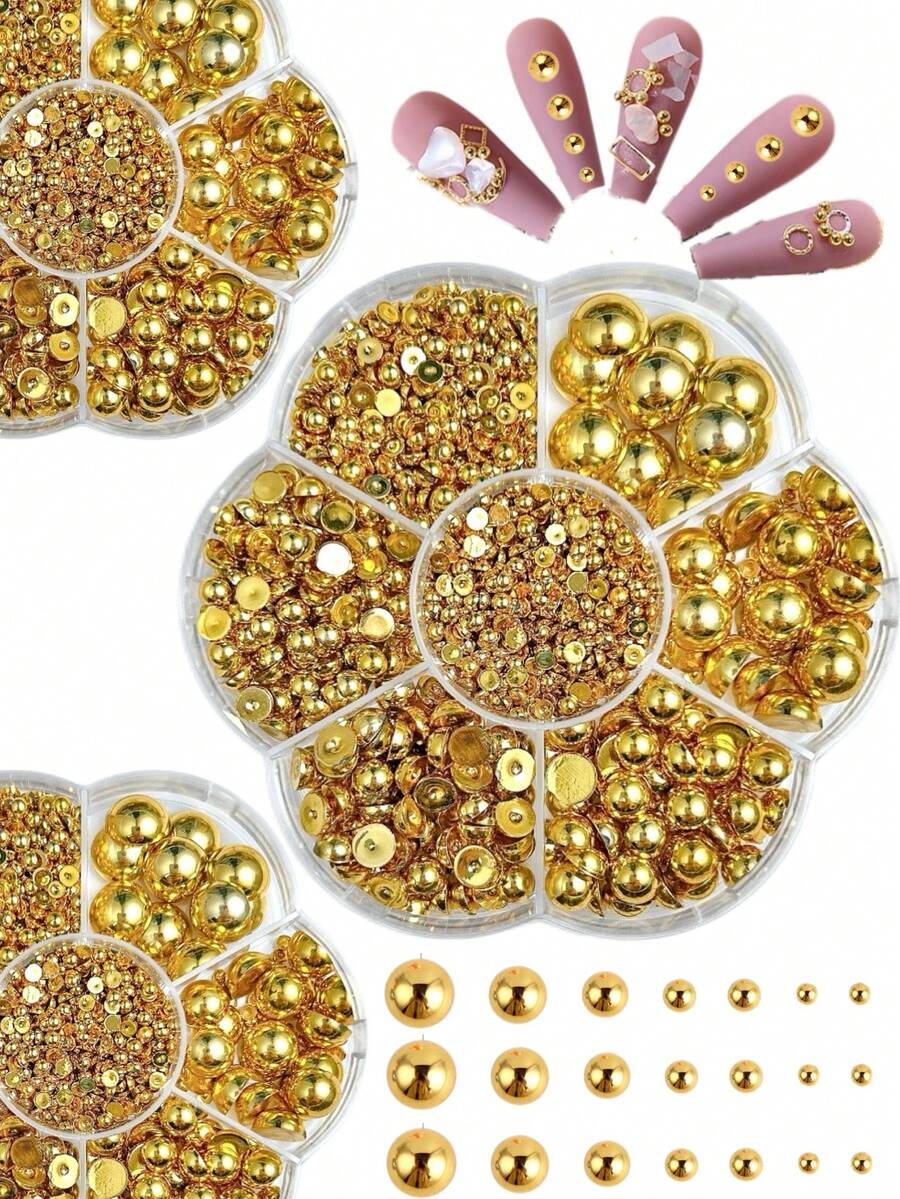 1盒装 Abs 金色珍珠指甲饰 Y2K 风格半圆形珍珠 3D 美甲配件 DIY 美甲用品指甲美甲宝石