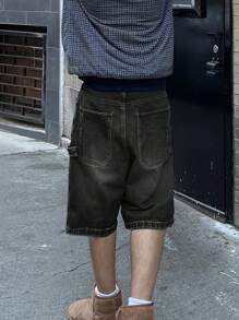 American Streetwear Style Washed Gray Denim Shorts For Men, Loose Straight Fit Summer Jorts