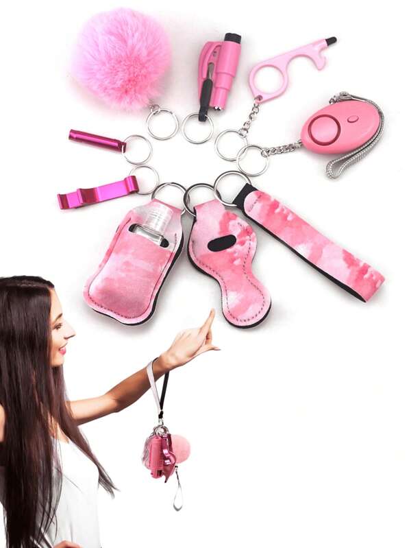 1 Peça/10 Peças Conjunto de Chaveiros de Segurança Multicoloridos para Presentes de Mulher com Alarme, Chaveiro com Pompom e Acessórios de Chaveiro com Garrafa de Viagem, Conjunto de Chaveiros de Segurança para Acessórios de Chaveiro, Acessórios de Chaveiro, Acessórios de Carro, Charm de Bolsa