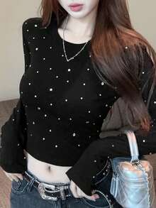 Fashion Rhinestone Embellished Slim Fit Long Sleeve Cropped T-Shirt, Spring/Autumn - Black - View 2