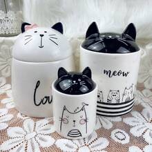 Halloween Cute Black Cat's Ears Shaped Moisture-Proof Sealed Tank, Ceramic Pot Miscellaneous Grain Storage, Candy Cookies Jar/Dish,Dining Room Table Decoration,Ceramic Decorative Canister Storage ,Home Decor - Multicolor - View 1