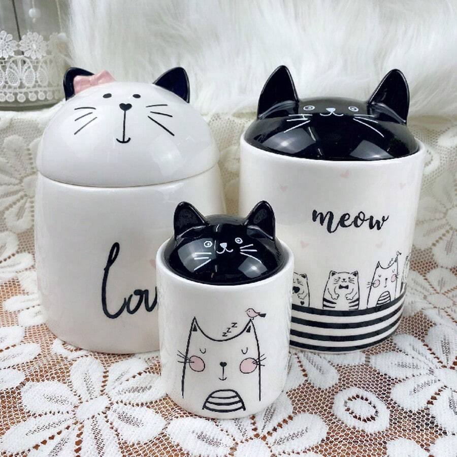 Halloween Cute Black Cat's Ears Shaped Moisture-Proof Sealed Tank, Ceramic Pot Miscellaneous Grain Storage, Candy Cookies Jar/Dish,Dining Room Table Decoration,Ceramic Decorative Canister Storage ,Home Decor - Multicolor - View 1