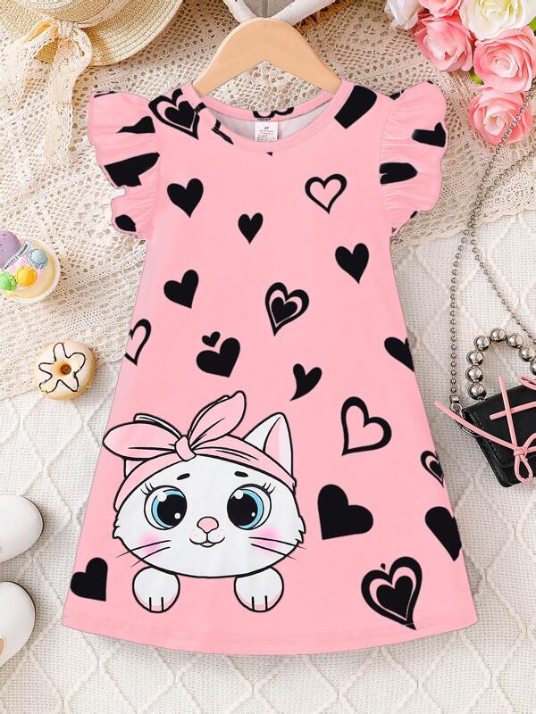 Girls Elegant Ladylike Dress, Girls Heart & Cat Print Cap Sleeve Round Neck Cute Cap Sleeve Dress, Girls Casual Simple Comfortable Versatile Outfit, Girls Outdoor Vacation Breathable Summer Clothing