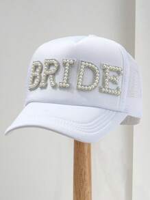 Bride White Pearl Embellished Baseball Cap Sun Hat, Perfect For Wedding Decoration/Bride To Be Bachelorette Party/Bridal Shower/Honeymoon Trip/Wife Gift