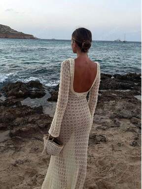 Vestito da donna primaverile ed estivo, nuova linea beige, tinta unita, aderente e sexy, schiena scoperta, semplice e atmosferico, lavorato a maglia, maniche lunghe, stile da luna di miele, vacanza al mare, trasparente e traforato