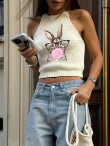 Summer New Round Neck Women White Halter Bubble-Blowing Bunny Rabbit Pattern Print ,Simple Stylish,Suitable For Commuting,Summer Women Knitted Tops - White - View 1