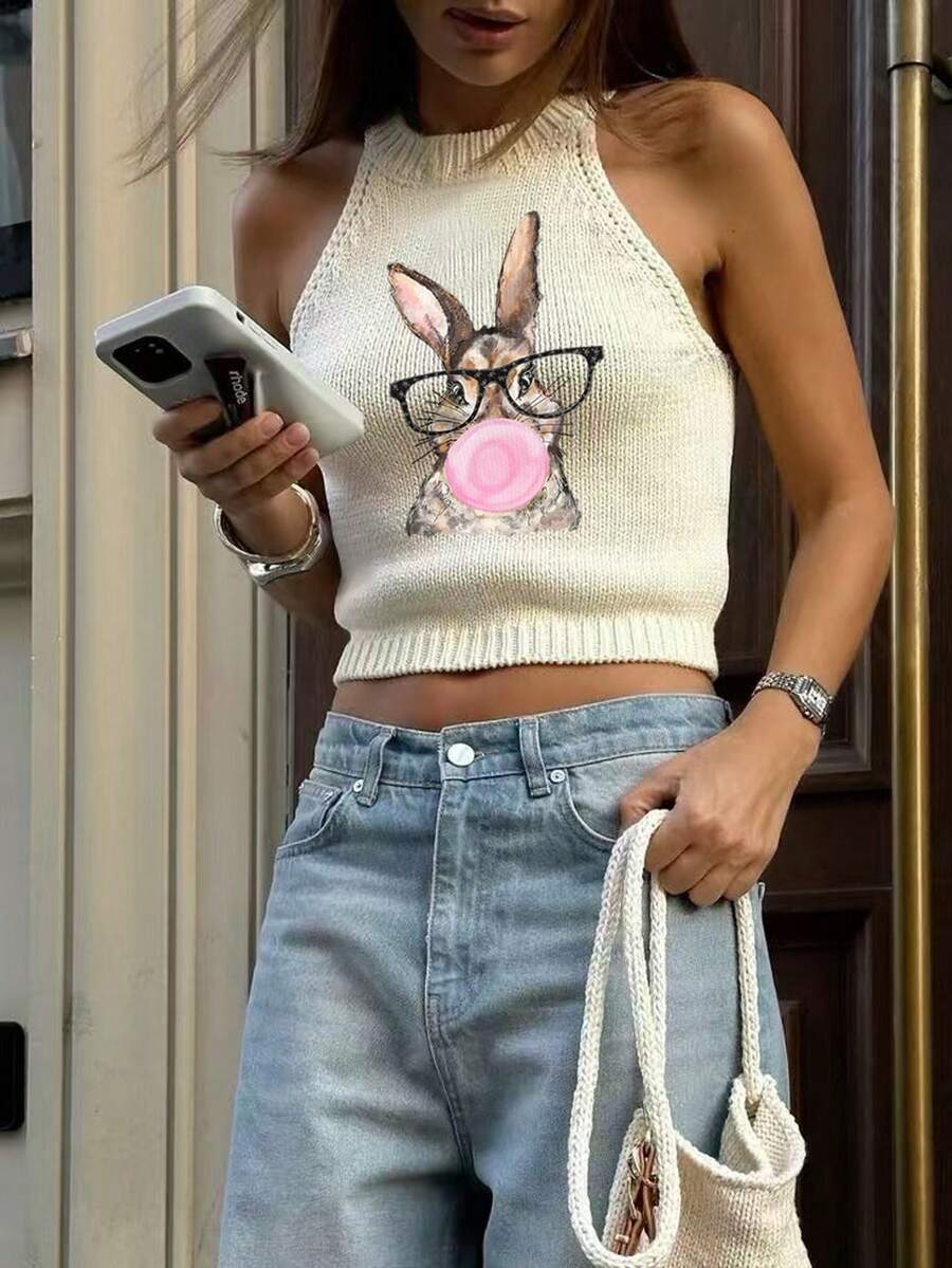 Summer New Round Neck Women White Halter Bubble-Blowing Bunny Rabbit Pattern Print ,Simple Stylish,Suitable For Commuting,Summer Women Knitted Tops - White - View 1