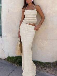 女士优雅性感露背吊带上衣和褶皱裙夏季度假节日派对街头两件套 - 杏色 - 查看 5