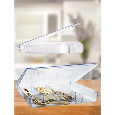 Porta Talher Acrílico Com Tampa 5 Compartimentos G 34x30cm