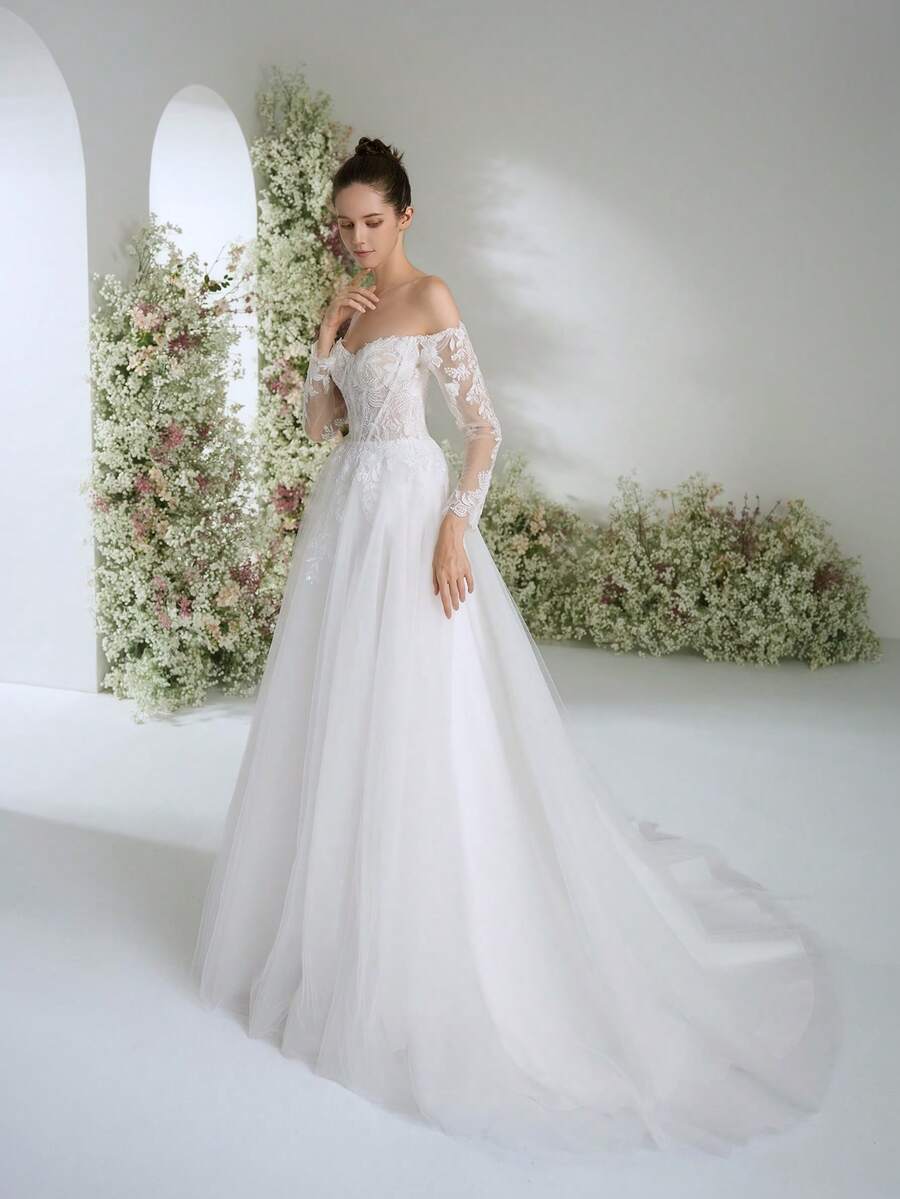 Elegante vestido de novia de línea A con hombros descubiertos, encaje blanco, aplicaciones y manga abullonada con cola, para el Día de San Valentín