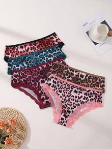 5 PCS Women's Sexy Ice Silk Panties Mid Waist Seamless Briefs Leopard Print Comfortable And Breathable Lace Splicing Lingerie Sports Underwear - Multicolor - View 8