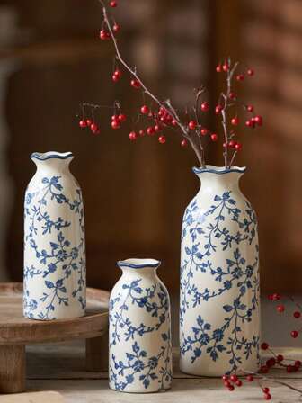 New Chinese Retro Ceramic Small Flower Vase, Slender Living Room, Dry Flower Arrangement, Hydroponic Decoration, High-End Blue And White Porcelain Flower Vase Home Decor Room Decor Glass Vase