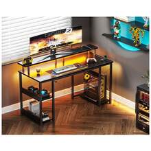 Computer Desk, Gaming Desk With LED Lights And Power Outlets, Office Desk With Monitor Stand And Storage Shelves, Home Office Desk - Black - View 2